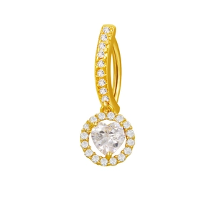 Macro detail of gold-plated belly ring featuring a large heart-shaped cubic zirconia stone