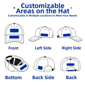 Diagramme détaillé des zones de broderie sur une casquette de baseball en plusieurs vues