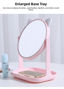 Pink cat-ear desktop makeup mirror with adjustable rotating oval glass and storage base