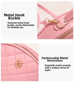 Detail of pink quilted leather crossbody bag with clover ornament and gold hardware