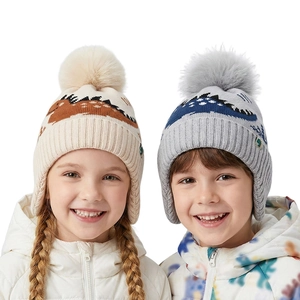 Kinder Strickmütze Dinosaurier Jacquard Fleece Futter Winter Warm Gehörschutz Bommel Für Jungen Mädchen Gemütlich