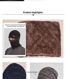 Detailed view of winter knit beanie with thick fleece lining and matching warm neck gaiter
