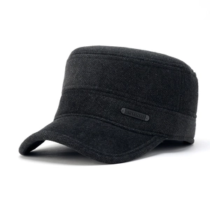 Winter dark grey flat top wool military hat with ear protection for men outdoors