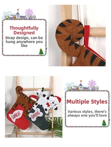 Detail view of plush Christmas stockings featuring tiger cat and dalmatian dog designs