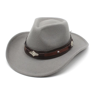 Detail of grey felt cowboy hat with vintage belt featuring silver metal diamond studs