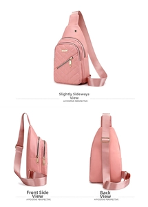 Three-angle views showing pink quilted nylon sling bag details and golden zippers