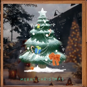 Christmas tree window sticker with Merry Christmas text on a cozy wooden frame background