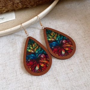 Retro walnut wood teardrop earrings with colorful acrylic floral inlay and gold hooks
