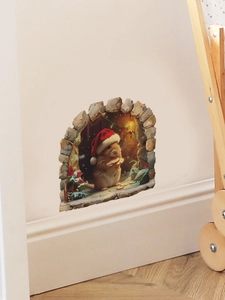 Sticker mural 3D Noël montrant une souris dans un trou avec des détails de biscuits