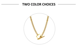 Detailed close-up of golden stainless steel thick chain necklace with toggle clasp design