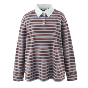 Women Striped Polo Shirt Long Sleeve Knit Cotton Blend Lapel V-Neck Casual Preppy Retro Top