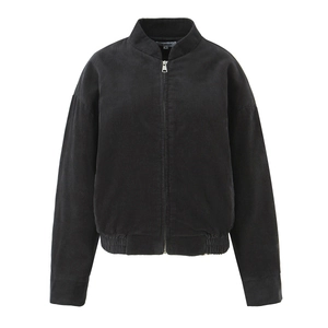 Corduroy Jacket Women Zip Up Stand Collar Solid Black Casual Fashion Short Coat Long Sleeve Outerwear Top