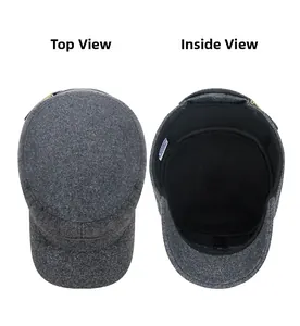 Top and interior view of a gray wool flat cap showing thermal lining and craftsmanship