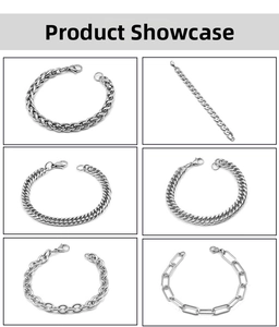 Detailed grid view of six assorted silver stainless steel chain bracelets for men and women