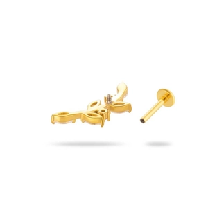 Golden leaf stainless steel piercing stud with sparkling zircons and flat back design