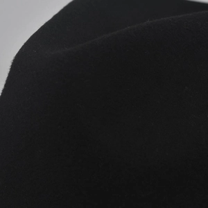 Macro shot of high-density black wool blend felt texture on a flat top fedora hat