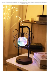 Close-up of Mickey-shaped desk lamp with colorful glass bulb and black metal frame
