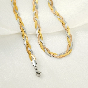 Three-tone braided titanium steel blade chain necklace in gold silver and rose gold finishes