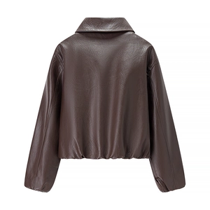 Flat lay back view of a dark brown loose leather jacket with smooth texture and clean seams