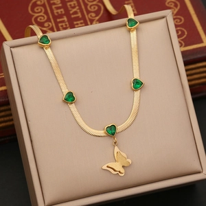 Golden butterfly necklace with emerald heart zircon pendant on flat snake chain