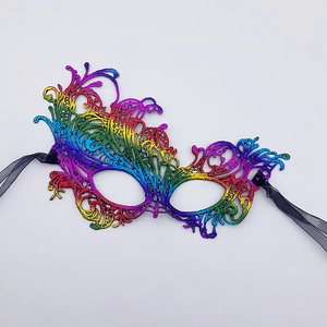 Detailed close-up of rainbow gradient lace mask with intricate embroidery and black ribbons
