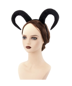 Close-up of black plush ox horn headband on model for Halloween cosplay costume events