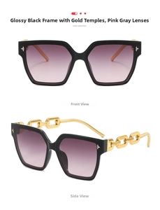 Detail of glossy black square sunglasses featuring stylish gold metal chain temples