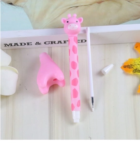 Close-up of pink giraffe-shaped gel pen parts with a focus on the cartoon head and cap