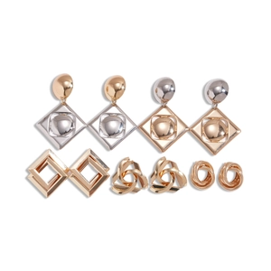 5-piece set of geometric gold and silver metallic earrings with hollow square and round designs