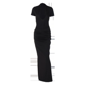 Detail of black slim fit maxi dress featuring short sleeves and front cutout design