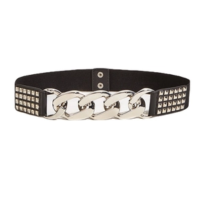 Elastic wide black corset belt with large silver chain and rivet details for dresses
