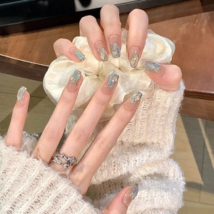 Press On Nails Aurora Sequins Shell Fragments Shimmering Glitter Medium Square Round False Nails Elegant Fairy Style