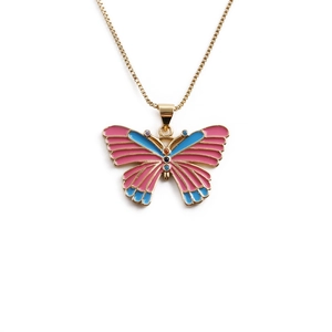Fashionable butterfly necklace with pink and blue enamel and gold plated chain