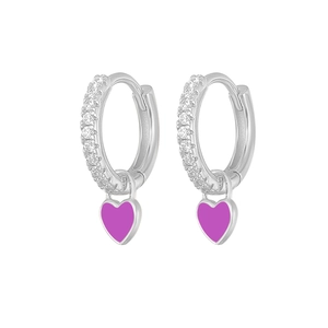 Detailed view of silver hoop earrings with white zircon stones and purple heart charms