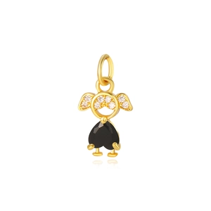 Close-up of golden girl pendant with black heart stone and white crystal details