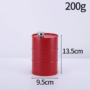 Macro view of a red oil barrel shaped stainless steel hip flask with size measurements