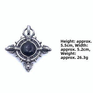 Detail view of silver Vajra pendant with blue sandstone inlay and size measurements