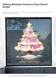 Pink hand-drawn Christmas tree window sticker with Merry Christmas greeting on glass