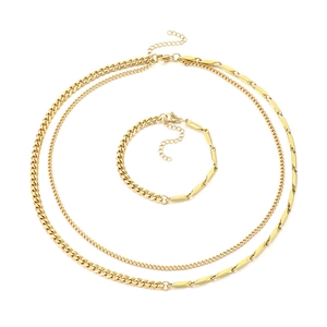 Golden stainless steel Cuban and curb link chain necklace and bracelet jewelry set