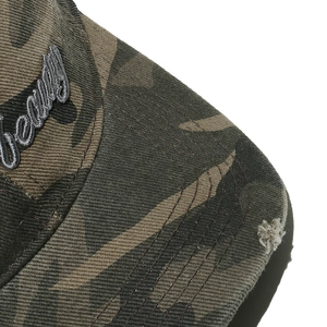 Detail of camouflage baseball cap with 3D beauty embroidery and distressed brim edge