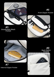 Detail view of white crossbody bag showing zipper pockets and breathable mesh compartment