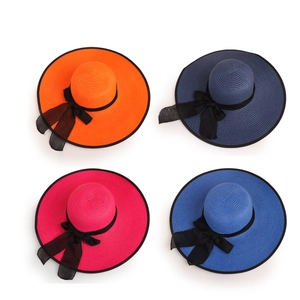 Women's wide brim straw sun hats in four colors with stylish black chiffon bow ribbons