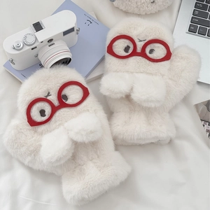 Cartoon Rabbit Mittens Plush Red Glasses Embroidered Thick Warm Winter Windproof Neck Hanging Soft For Women And Men