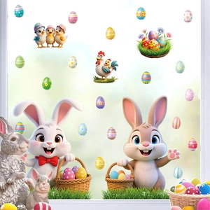 Easter PVC window stickers featuring cartoon bunnies, chicks, and colorful eggs for decor