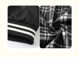 Detailed view of the striped rib cuffs and high-quality plaid fabric of the casual jacket