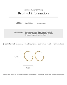 Detail view of gold wave C-shaped earrings showing dimensions 4.8cm x 4.3cm and 8.4g weight