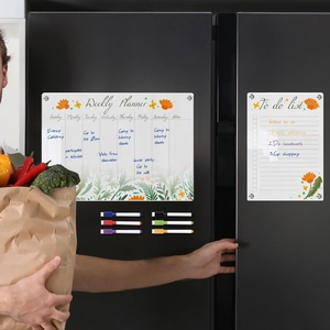 Magnetic acrylic weekly planner and to-do list set with 6 markers on a fridge