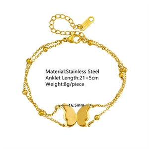 Golden double-layer stainless steel butterfly anklet with beaded chain and 21+5cm length