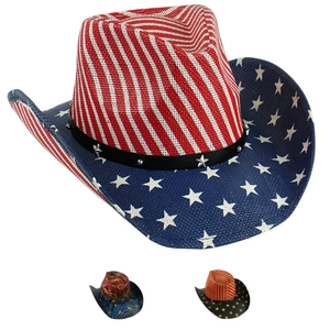 Westlicher Panama Cowboyhut mit US Flagge-Design, Sternnieten und Strohmaterial-Details