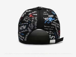 Detail view of the street-style graffiti baseball cap with adjustable metal back buckle